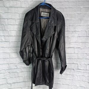 Wilsons Pelle Studio Womens XL Black Leather Belted Trench Jacket Coat Classic